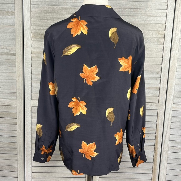 CITY SILK (Petite) 100% Silk Vintage Button Down Shirt Black/Leaves Pattern-PS - Picture 2 of 2